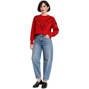 Vintage 80s Red Oversized Knit Jumper Black Abstract Embroidery Street Style